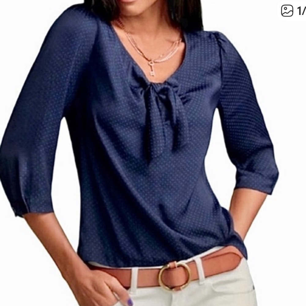 CAbi Navy Blue Blouse with Bow Detail